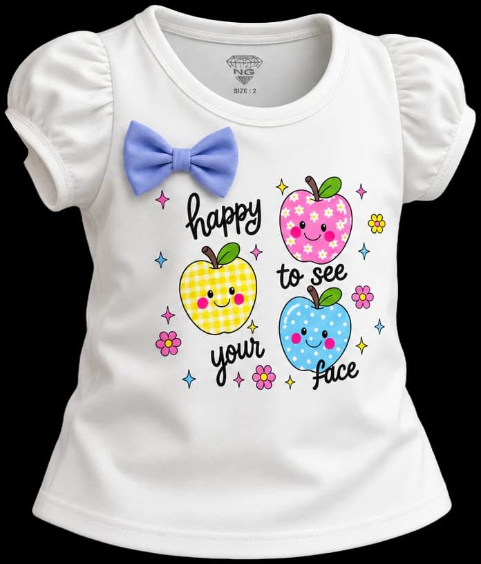 White puff-sleeve kids tee with bow and 'Happy to see your face' apple print